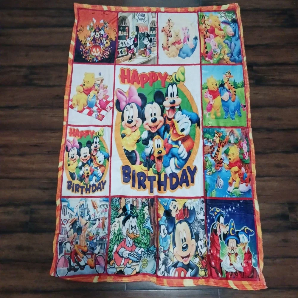 Disney Happy Birthday Fleece Blanket 60x40 Mickey Minnie Winnie the Pooh Collage